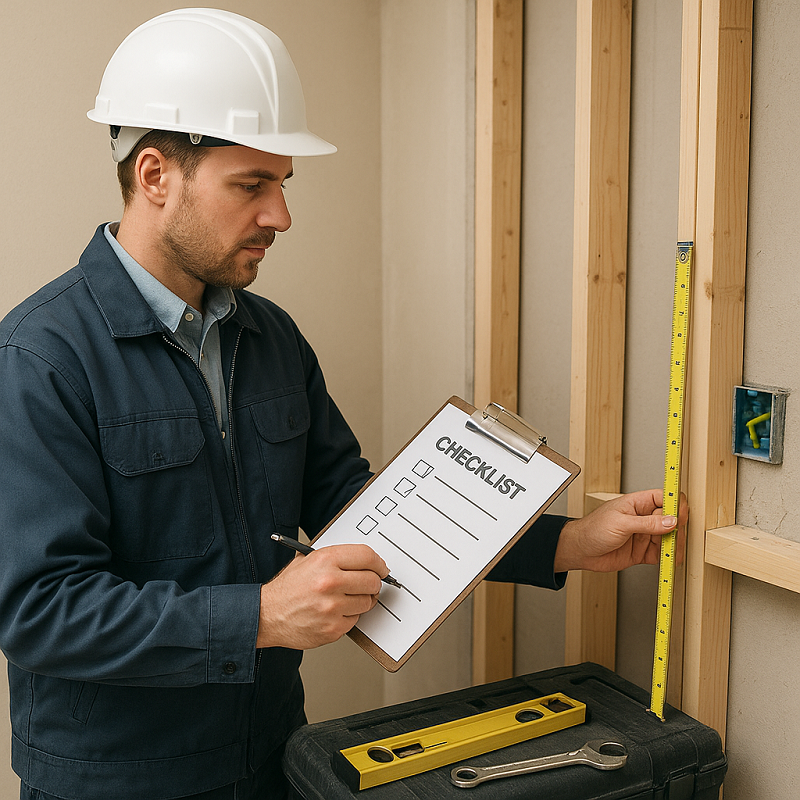 The engineer checks the installation requirements in the bathroom, using a checklist and tools